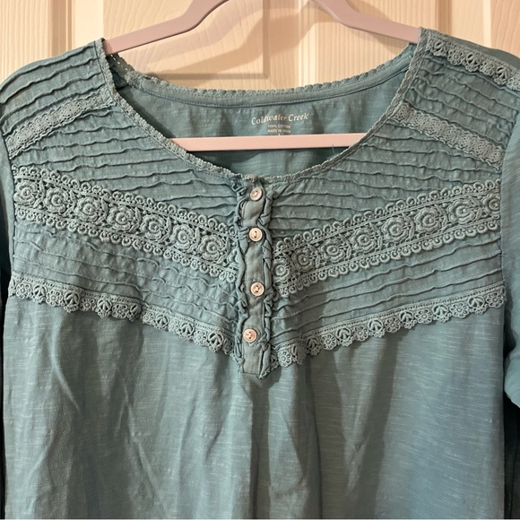 Coldwater Creek Gray Turquoise Teal Lace Detail Yoke w/ Button-Front Tunic - Picture 2 of 7